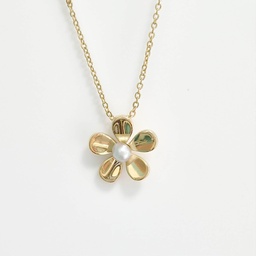 [5PCO] COLLIER PLAQUE OR FLEUR 5 PETALES ET 1 KEISHI